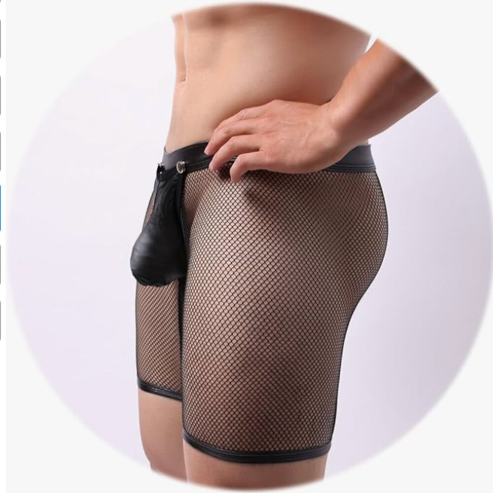 Men’s Sexy See-Through Mesh Shorts – Faux Leather Trim, Loose Fit, Erotic Clubwe - Picture 6 of 7